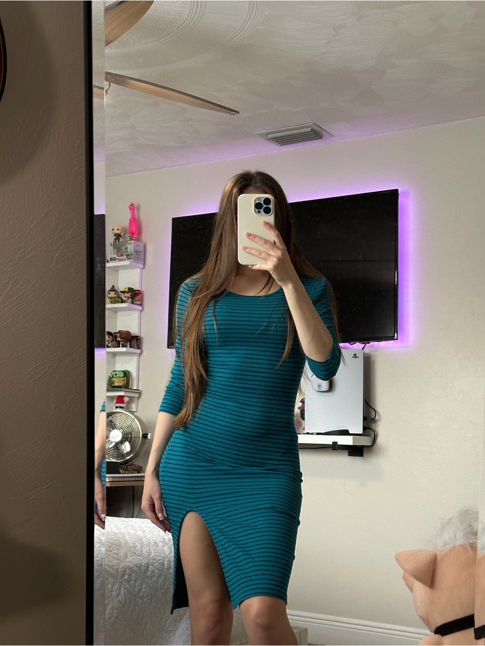 Teal Striped Bodycon Dress with Side Slit - Women